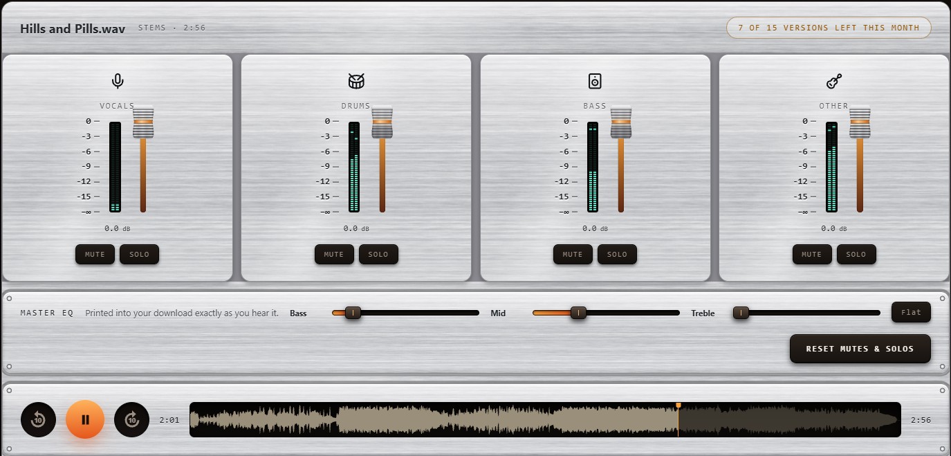 ReVibe stem mixer — Vocals, Drums, Bass, Other faders on brushed aluminium